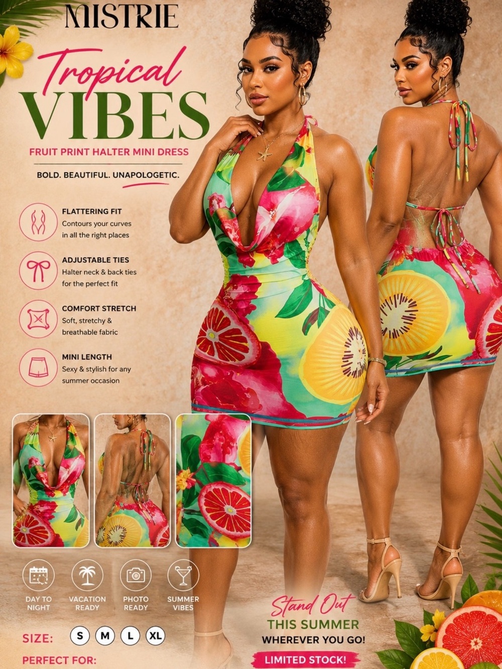 Tropical Vibes Fruit Print Halter Mini Dress - Green & Pink